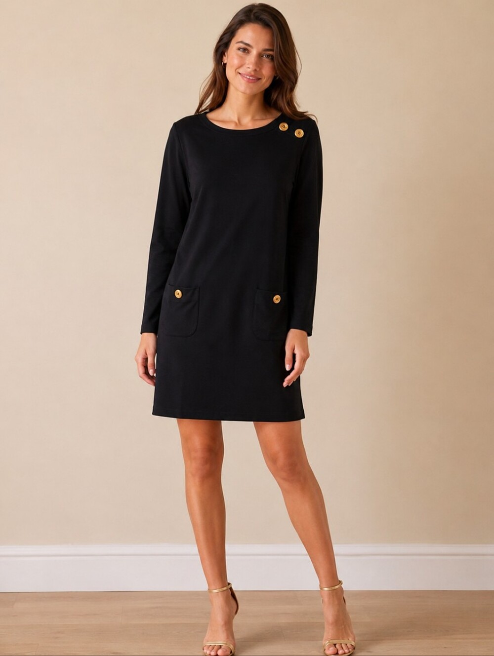 ❤️ SAIL TO SABLE BLACK SHIFT DRESS WITH GOLD BUTTONS, MEDIUM